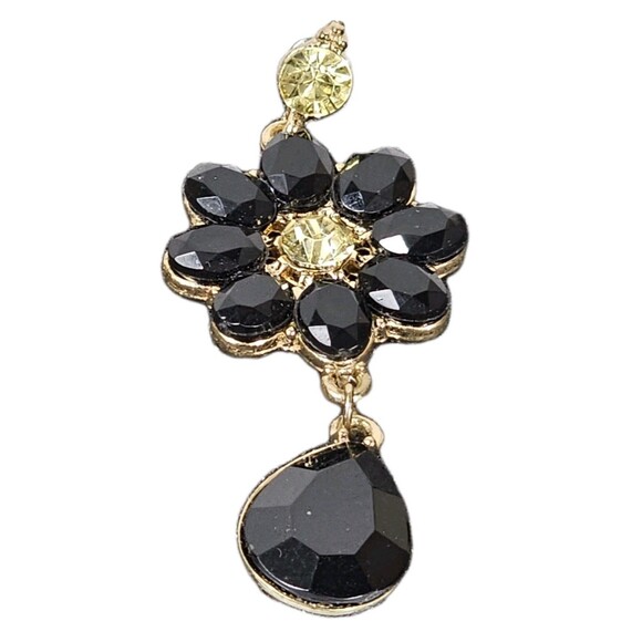 Vintage Style Black Crystal Flower Dangle Drop Earrings Gold Tone Yellow Accents - Picture 4 of 6